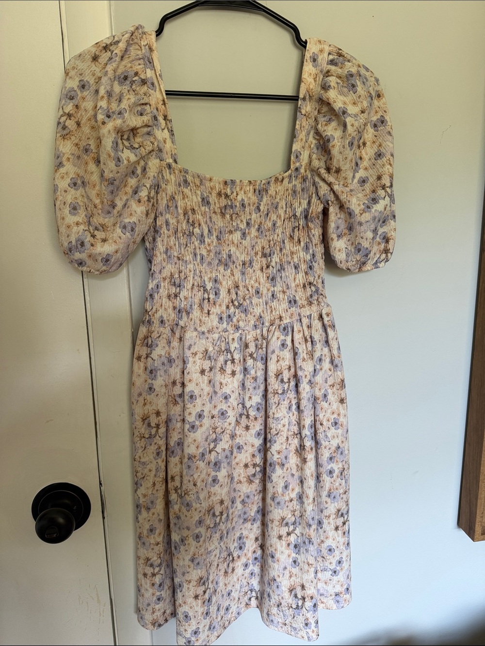 H&M Cream Dress with Lavender Floral Puff Sleeves